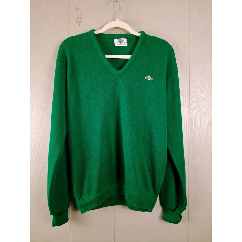 Vintage Izod Lacoste Knit Sweater Mens Large V-Neck Green Acrylic